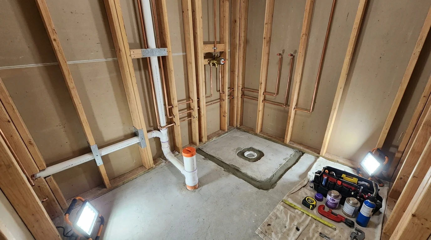 Bathroom rough-in plumbing during remodel by Johns Plumbing LLC in Marble Falls