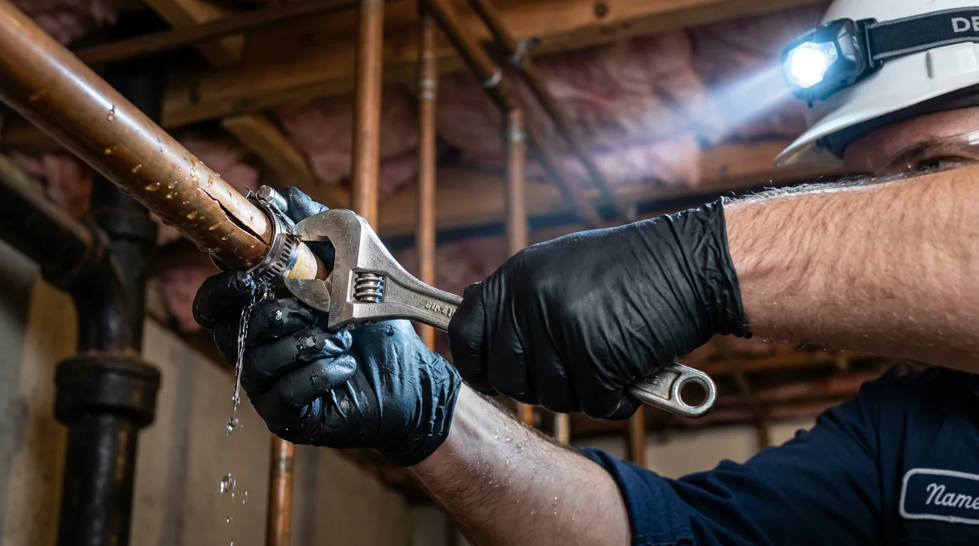 Emergency pipe clamp repair being performed by a Johns Plumbing LLC plumber in Marble Falls