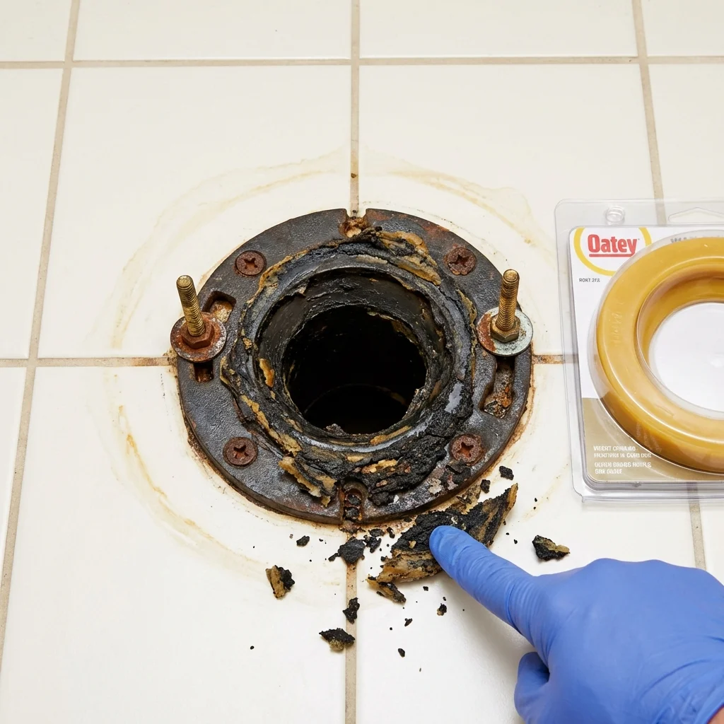 Failed wax ring showing water seepage at the base of a toilet in a Marble Falls, TX home