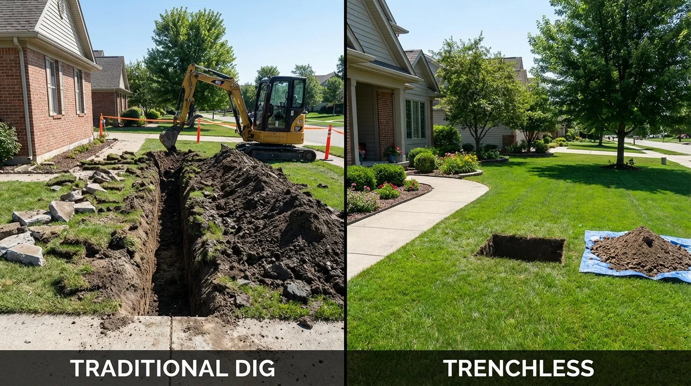Trenchless sewer repair with minimal yard damage versus traditional excavation in Marble Falls, TX