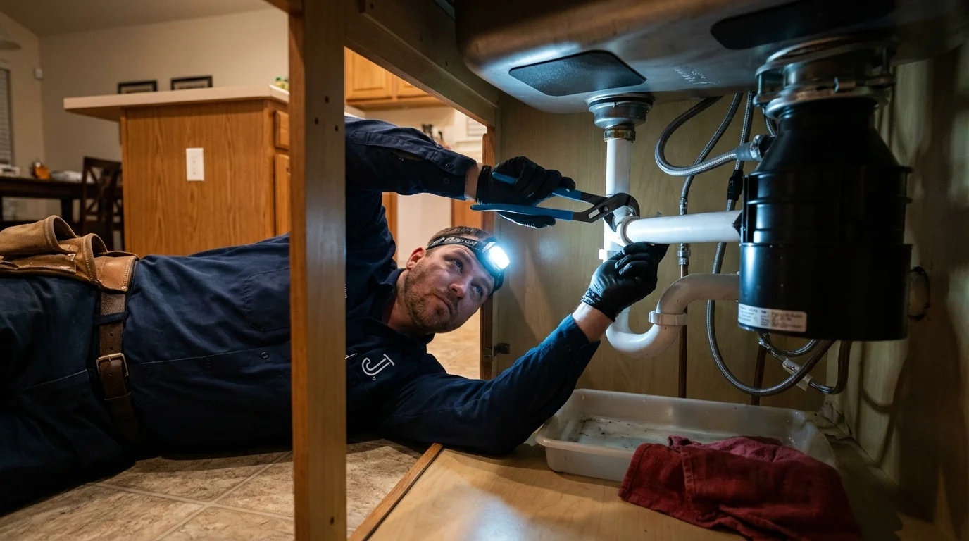P-trap and supply line connections under a kitchen sink showing a common leak point in Marble Falls, TX
